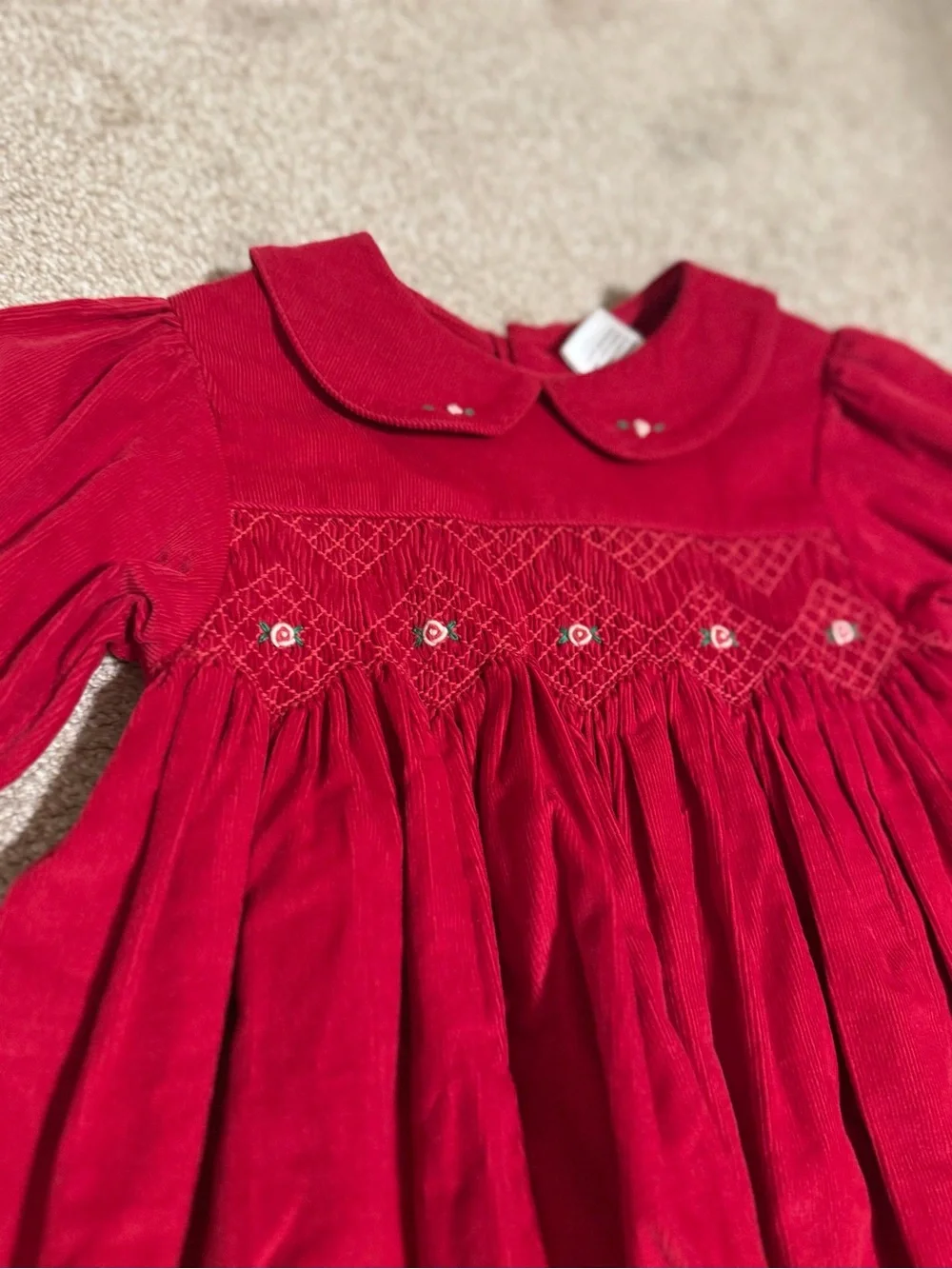 Petit Ami Girls Red Smocked Corduroy Dress with Peter Pan Collar size 12m